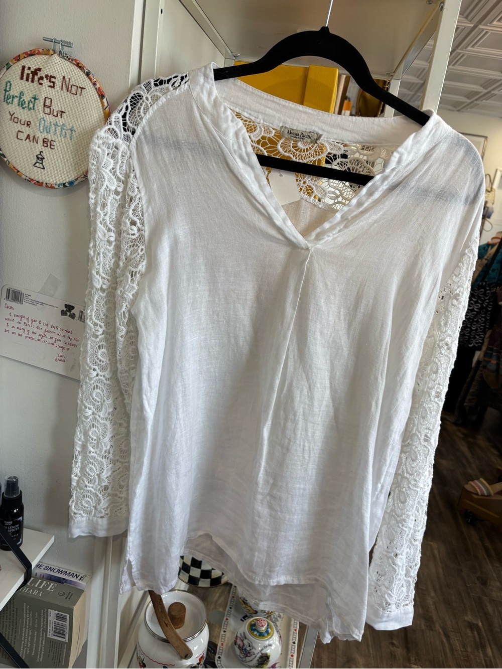 White Lace-Sleeve V-Neck Blouse - Women